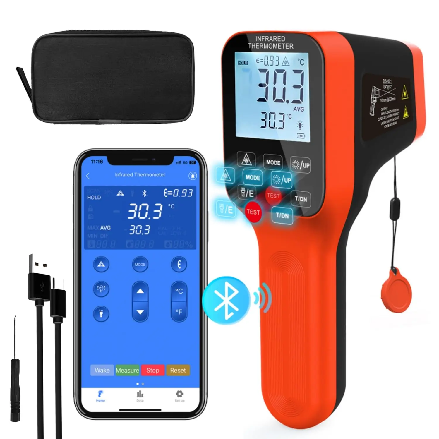 BT-1600APP Non-Contact Infrared Thermometer, -50~1600℃, 30:1, for Cooking/Oven/Forge/Kiln/HVAC (Not for Human), Bluetooth Enable