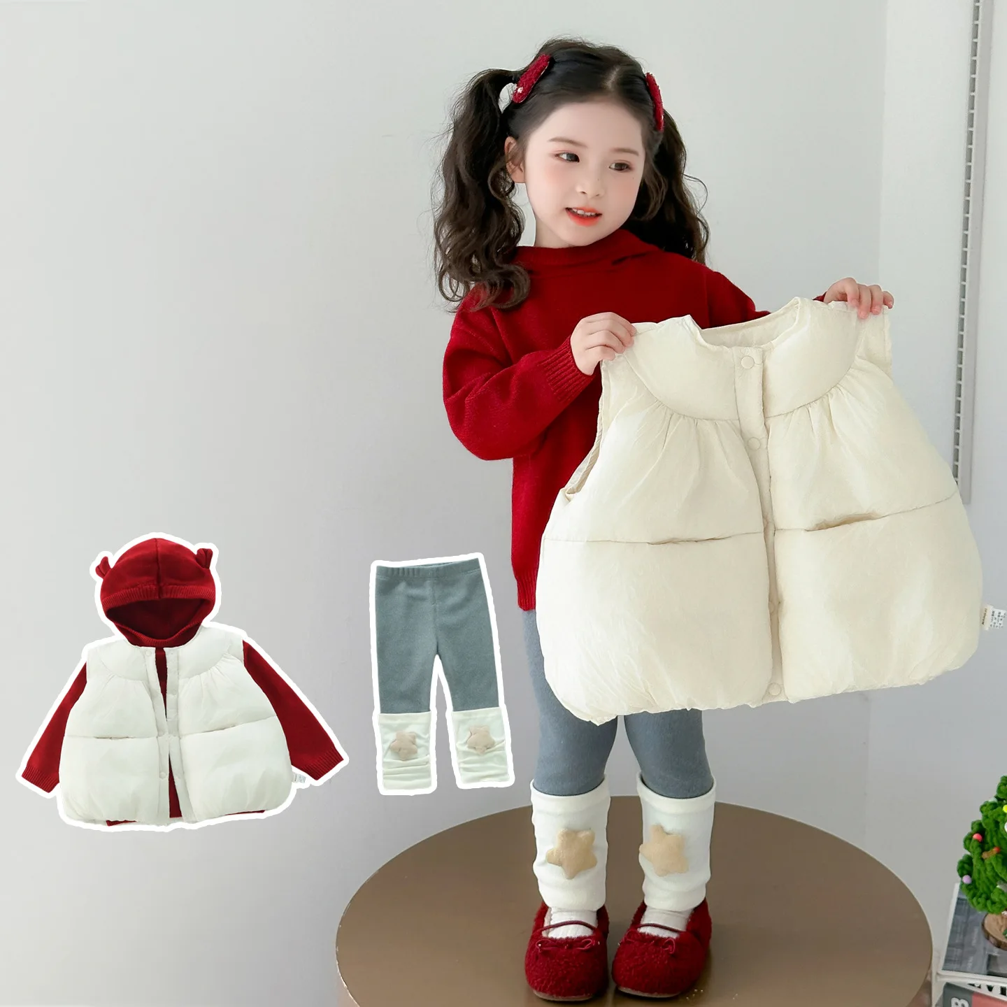 

Children's Girls Sets Winter Solid Thick Kids Baby Girl Vest+hooded Knited Toddler Girl Sweater+mid Waist Little Girl Leggings