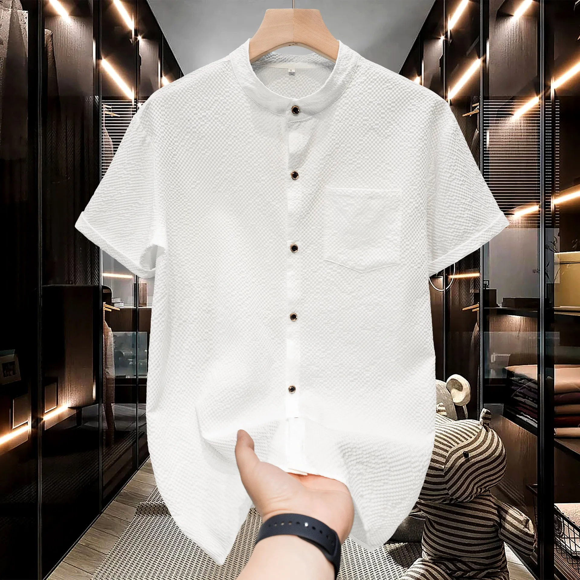 Light Ripe Style Short-sleeved Shirt Men's Summer Waffle Drape Shirt Casual Versatile Top Trendy Men