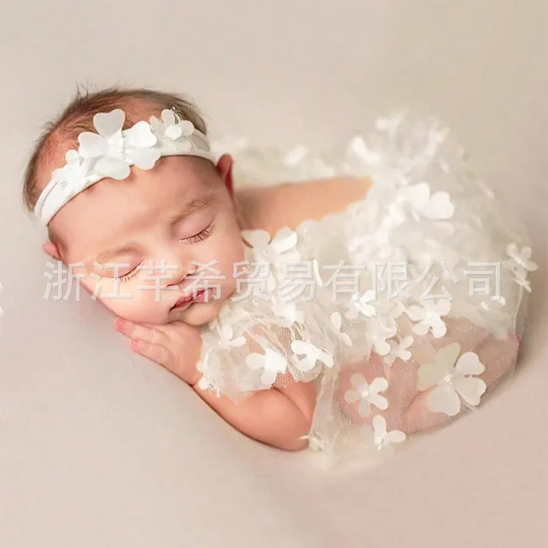 Newborn Photography Two Piece Set of Newborn White Flower Pieces Lace Dress Infant Creeper Baby Photography Clothing Props