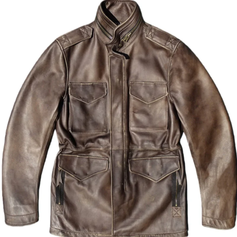 M65 Men's Vintage Washed Burnished Floral Brown Imported Full-Grain Cowhide Leather Jacket Multi-Pocket Hunting Style Unisex
