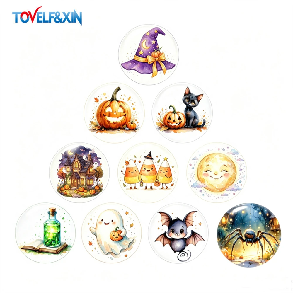 10Pcs Cute Halloween Glass Cabochons Kawaii Pumpkin Ghost Candy Bat Round Dome Cabochons DIY Jewelry Making Supplies