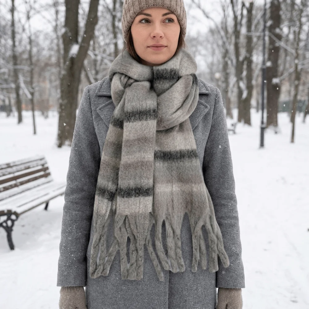 Eleganter Regenbogen-Streifen Wollschal mit Quasten, Plüsch-Winter-Kaschmirschal, Mohair, Warmer Langer Schal für Herren – Detail 9