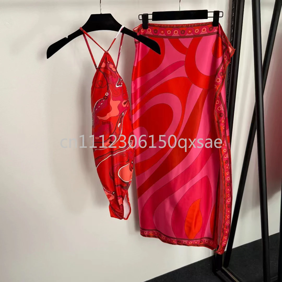 Classic Design Women's Red Scarf Swimsuits with Letter Signature Logo Luxury  Brand Lady Sexy Scarf Bikini Sets Beachwear
