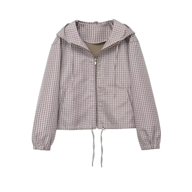 Casual Long Sleeve Hooded Plaid Stand Collar Jacket Women's Spring Summer New Arrival Short Outerwear Zipper Closure