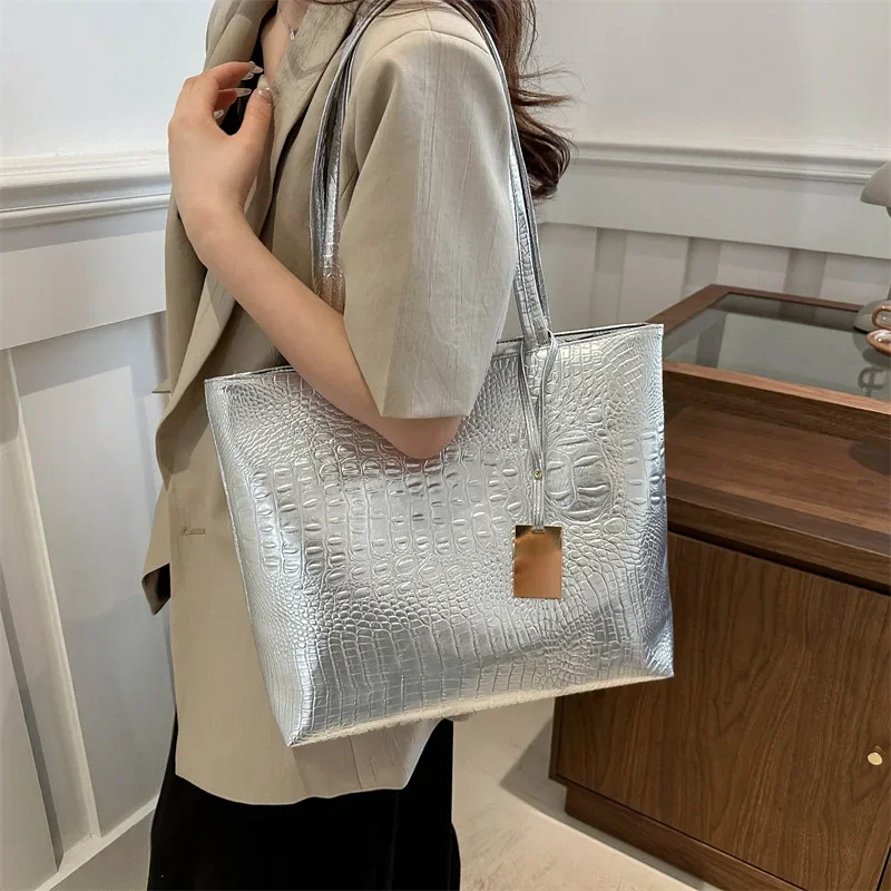 Fashion Casual Women Shoulder Bags Silver Gold Black Crocodile Handbag PU Leather Female Big Tote Bag Ladies Hand Bags Sac