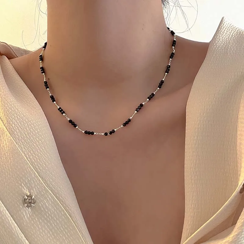 Vintage Black Crystal Glass Bead Chain Choker Necklace