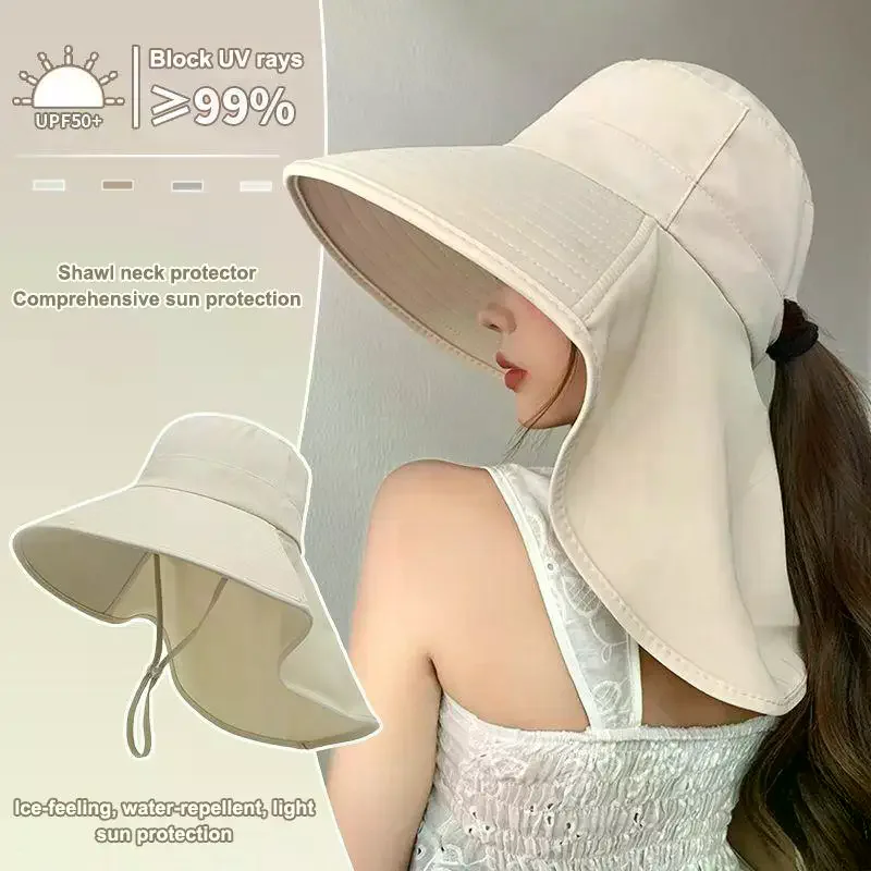 Travel Shawl Sunscreen Cap Ponytail Fisherman Hat Wide Brim Sun Hat With Neck Flap Outdoor UV Anti Neck Protection Sun Visors