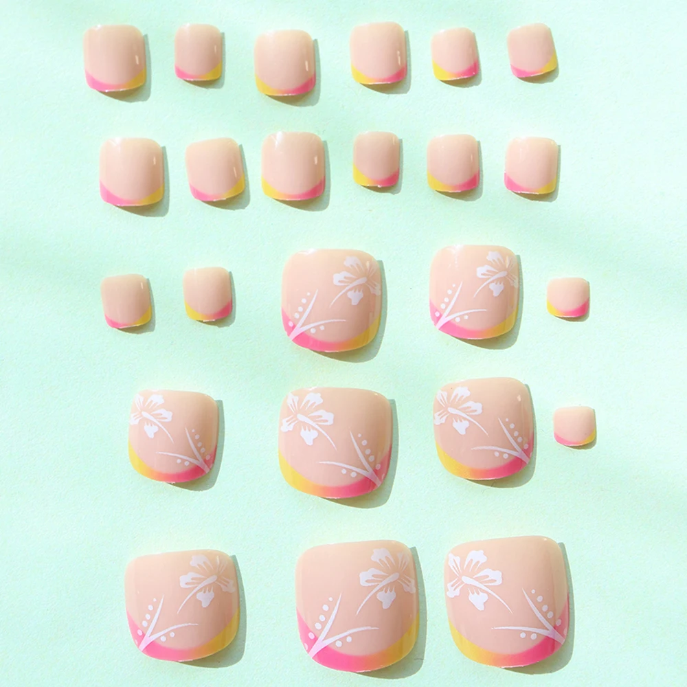 ARTAUG 24PCS Short Square Press On Nails Pink Flora Gilt French Toe Nail Press Ons Fake Nails Full Cover Fake Nail Set Cute Nail