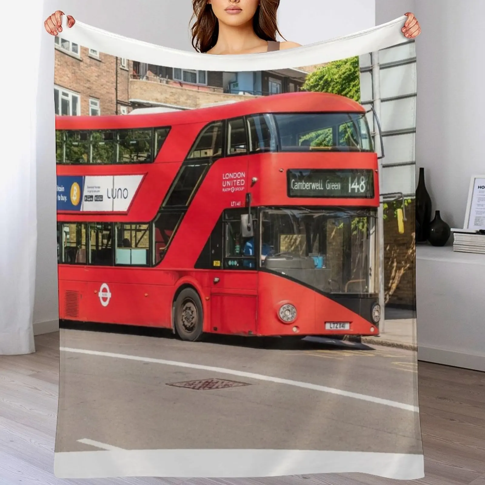 Red London Double Decker Bus, Route 148, зеленое одеяло Camberwell, пляжное роскошное дизайнерское одеяло для дивана