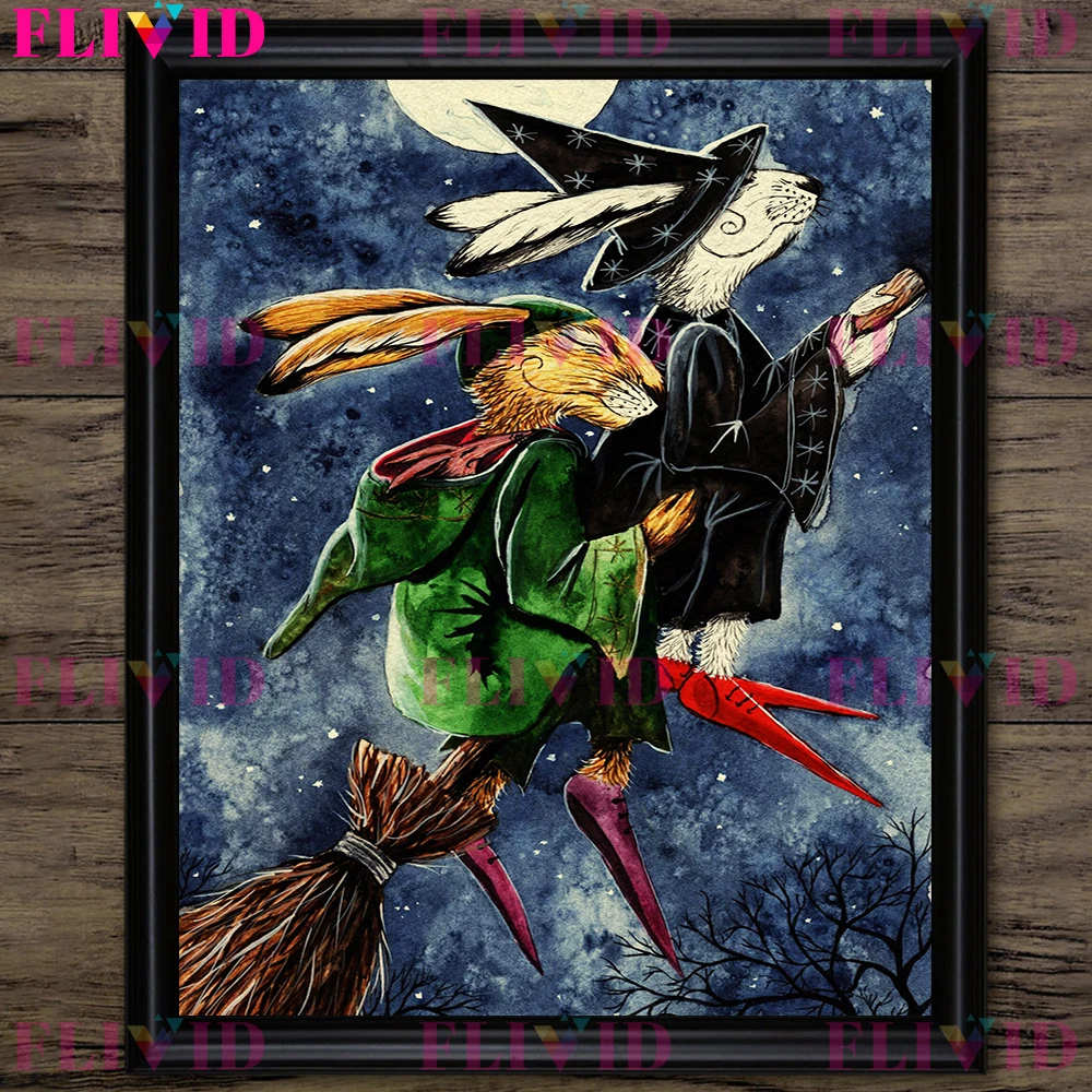 Magical White Hare Witch And Cauldron Wall Art Canvas Print Fantasy Witchcraft Art Poster Print Magical Childs Room Decoration