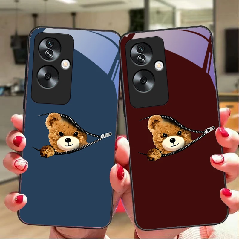 Zipper Bear Brown For Oppo A79 5G 58 78 74 60 4G Reno 11F Realme GT 6 11 Note 50 10 C55 X2 Tempered glass black phone case