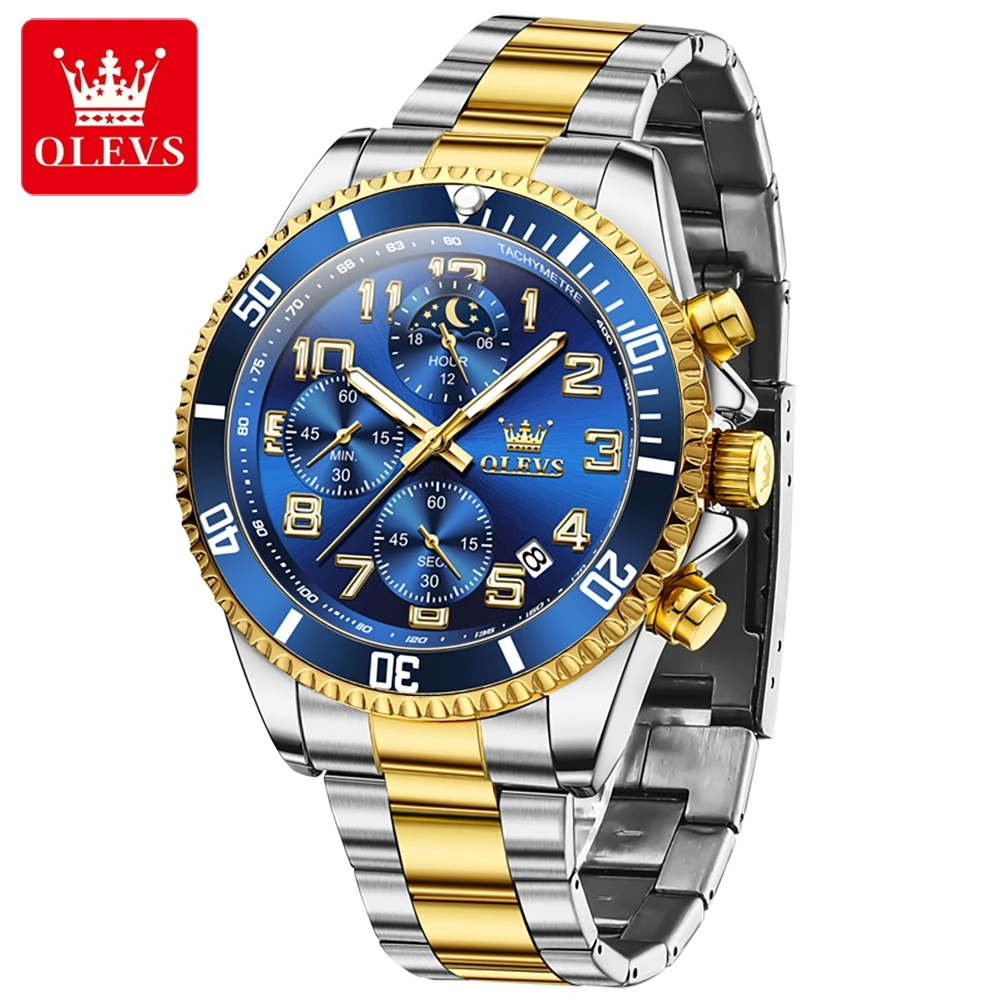 OLEVS New Luxury Chronograph Quartz Watch for Men Stainless Steel Waterproof Luminous Moon Phase Sport Watches Relogio Masculino