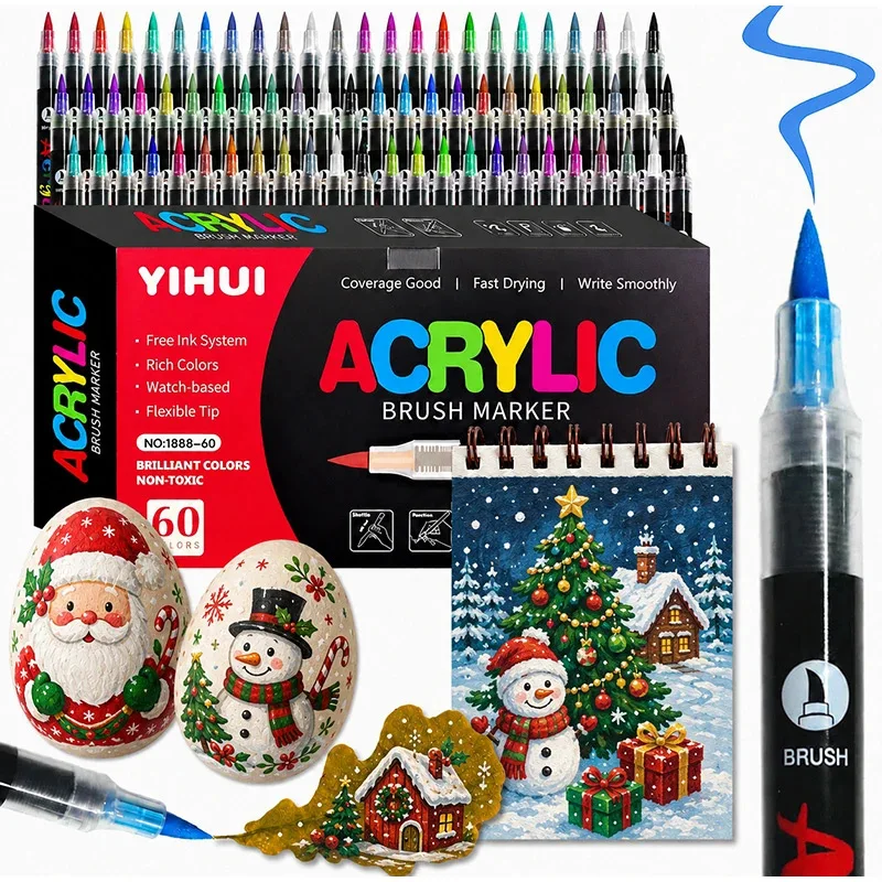 Acrylfarben-Marker-Stift mit weicher Pinselspitze, Aquarell-Malstift, wasserfest, schnelltrocknend, 12-60 Farben, DIY-Malfarbe für Stein, Holz, Ostern