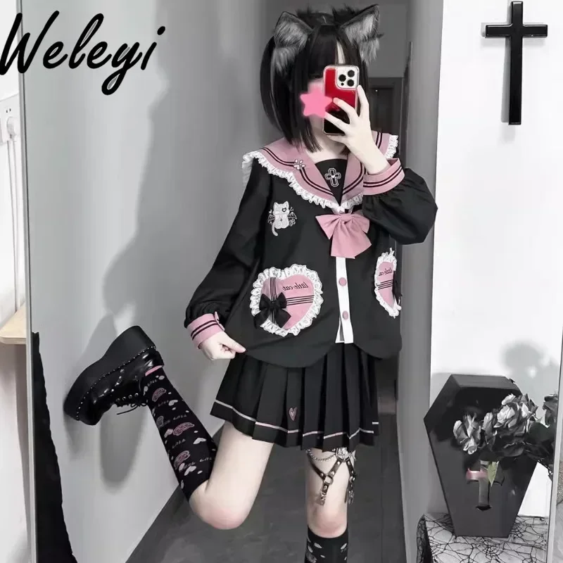 

Black Pink Jirai Kei Uniform Suit Ropa Mujer 2024 Spring Super Cutecore Y2k Sailor Sets College Style Sexy Two Piece Set Womens