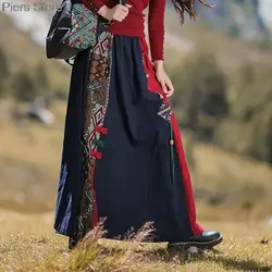 2023 Women Traditional Ethnic Tassel Skirt National Flower Embroidery Elastic Waist Midi Skirt Chinese Vintage Folk A-line Skirt