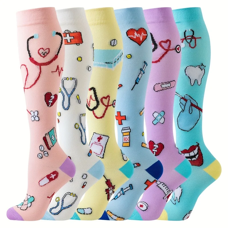 6 Pairs Circulation Athletic Nurse Compression Socks Dentist Heart Pattern Knee High Sports Dress For Running Cycling Hiking