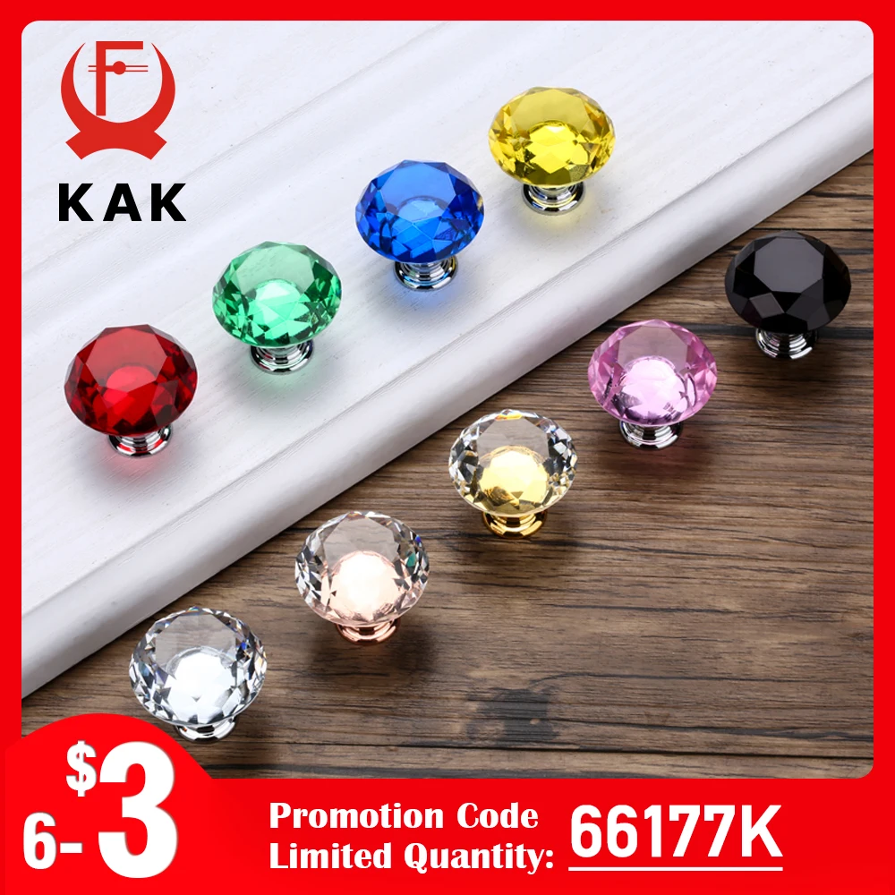 KAK 30mm Diamond Shape Design Crystal Glass Knobs Cupboard Pulls Drawer Knobs Kitchen Cabinet Handles Furniture Handle Hardware