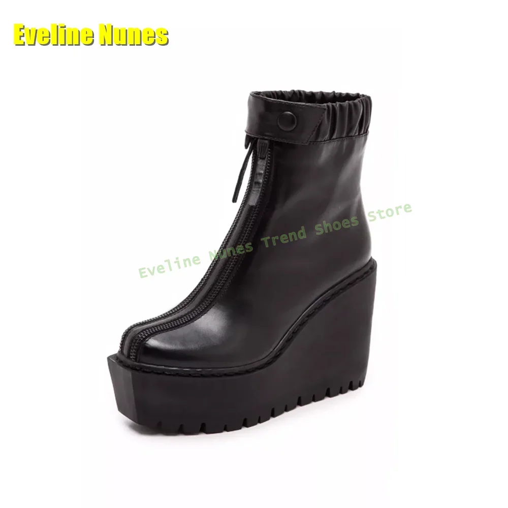 

Black Double Zipper Decoration Platform Ankle Boots Round Toe Thick Sole Buckle Strap Ruched Punk Couple Fashion Booty Cosplay