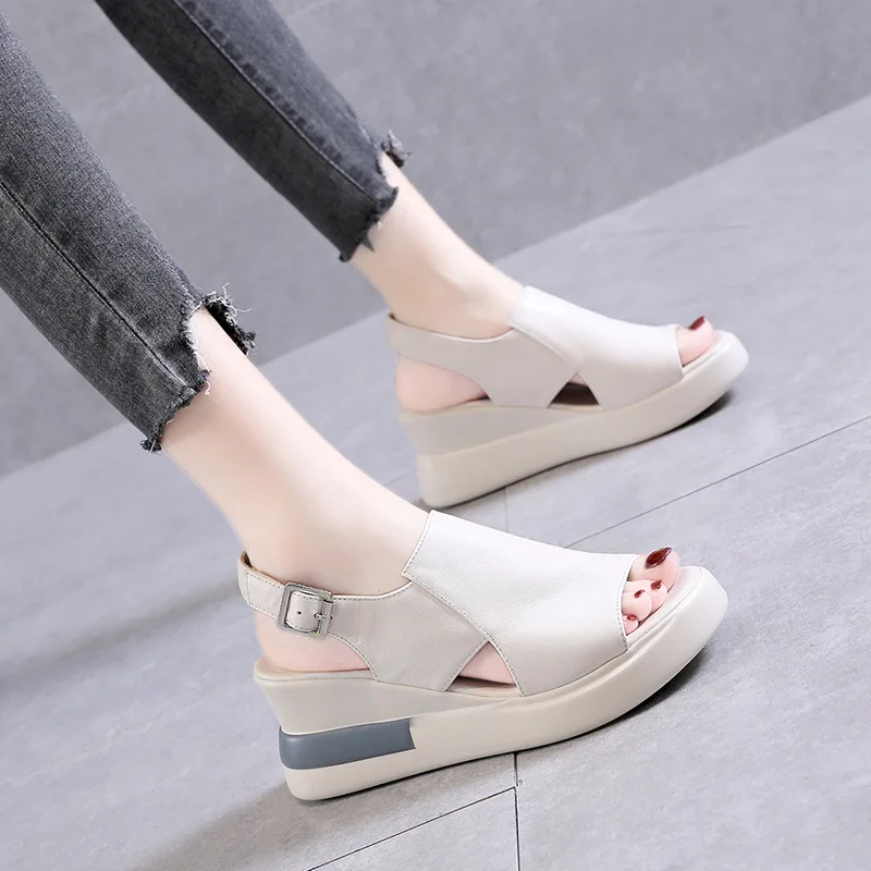 Summer Wedge Shoes for Women Sandals Solid Color Open Toe High Heels Casual Ladies Buckle Strap Fashion Female Sandalias Mujer