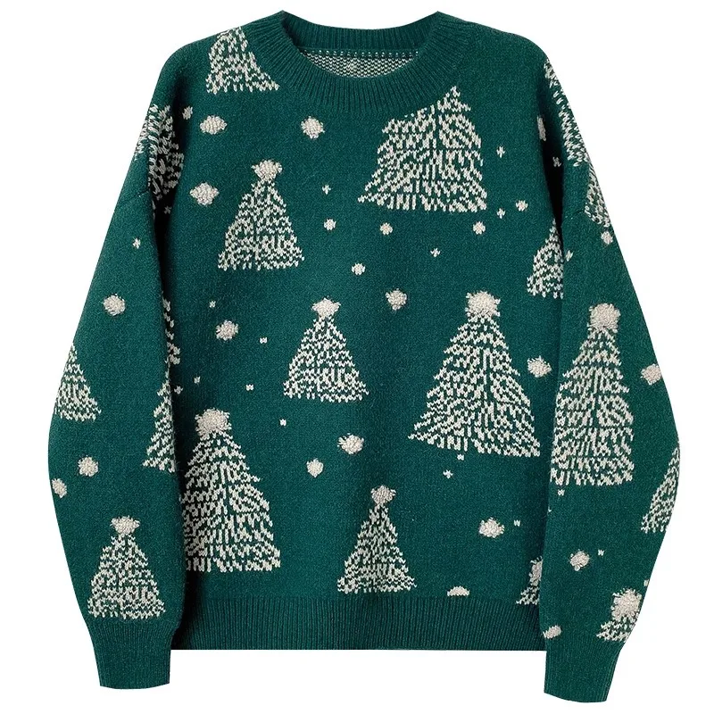 عيد الميلاد الأخضر محبوك سترة للنساء شتاء جديد الكورية نمط كسول نمط كم طويل بلوفر عالي الجودة بلايز فضفاضة غير رسمية #1