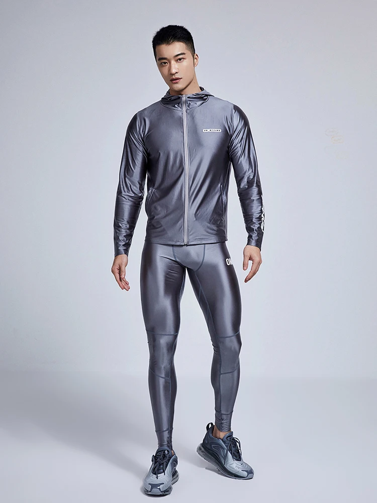 Glossy Silver Ice Silk Sports Jacket Top Zipper Men\'s Fitness Running Plus Size Long Sleeve T-shirt