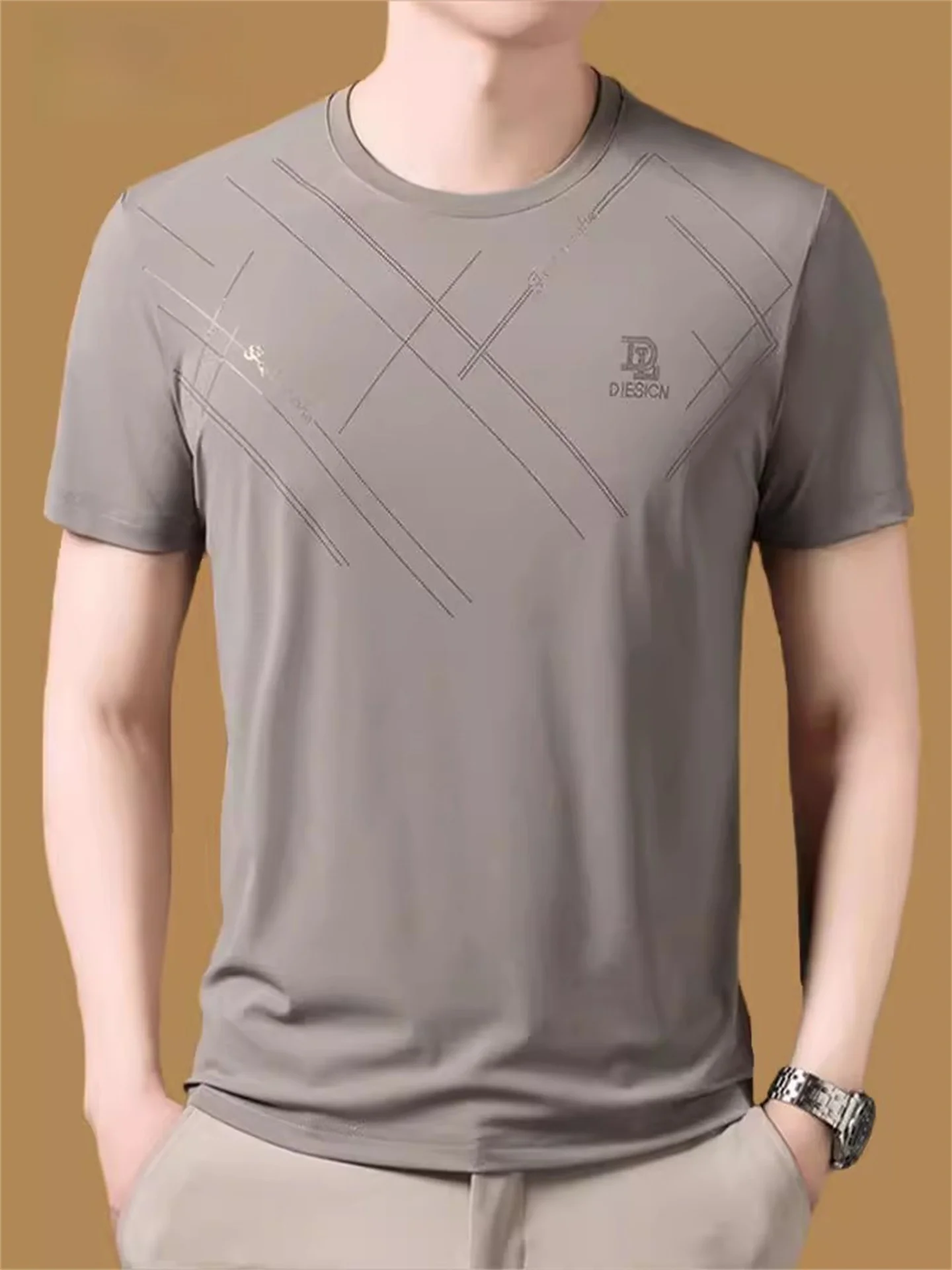 

High-End round Ne ort Sve T-irt Men's Summer Thin Casual Cool Feeling Ice Silk f Sve Top Busin Casual Sle