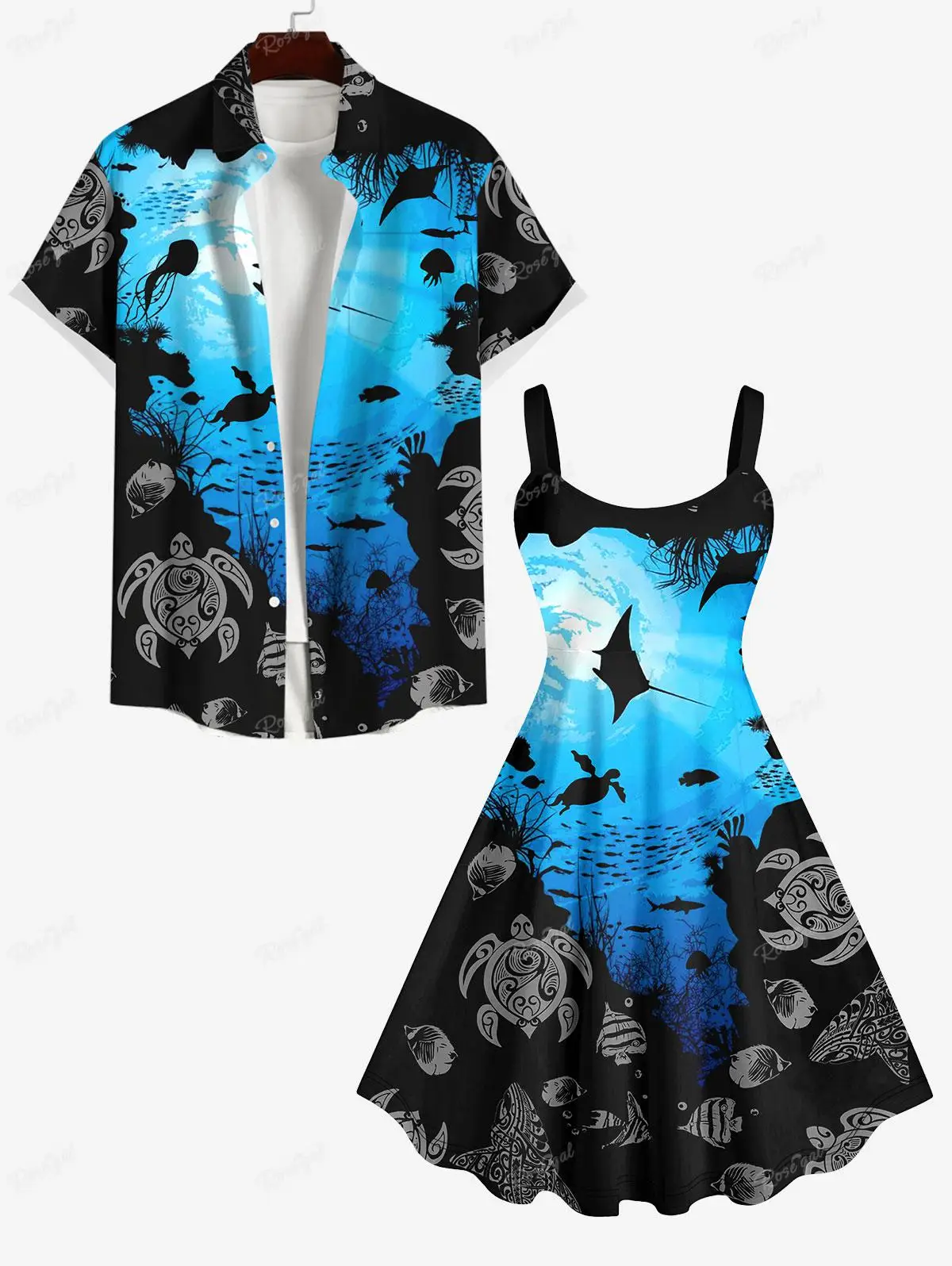 Rosegal Dopasowana para Hawajskie stworzenia morskie Ryba-żółw Koszula z nadrukiem Colorblock lub Plus Size Sukienka bez rękawów do kolan