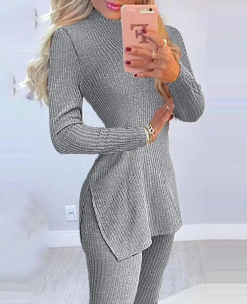 Elegant 2-Piece Sets for Women Casual Winter Solid Color Ribbed O-Neck Slim Fit Slit Long Sleeved Top Tight Knit Pants Set