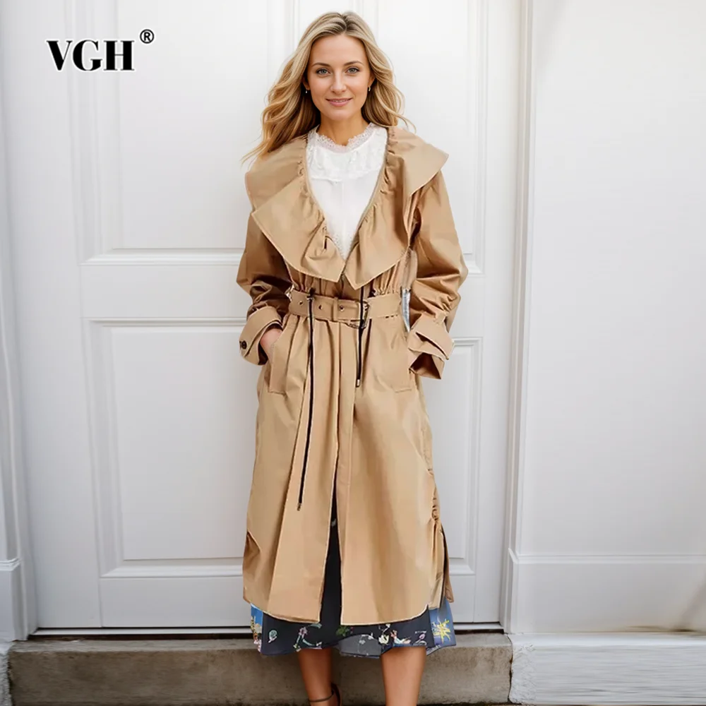 

VGH Temperament Patchwork Drawstring Trench For Women Lapel Long Sleeve Patchwork Belts Tunic Elegant Windbreakers Female Style