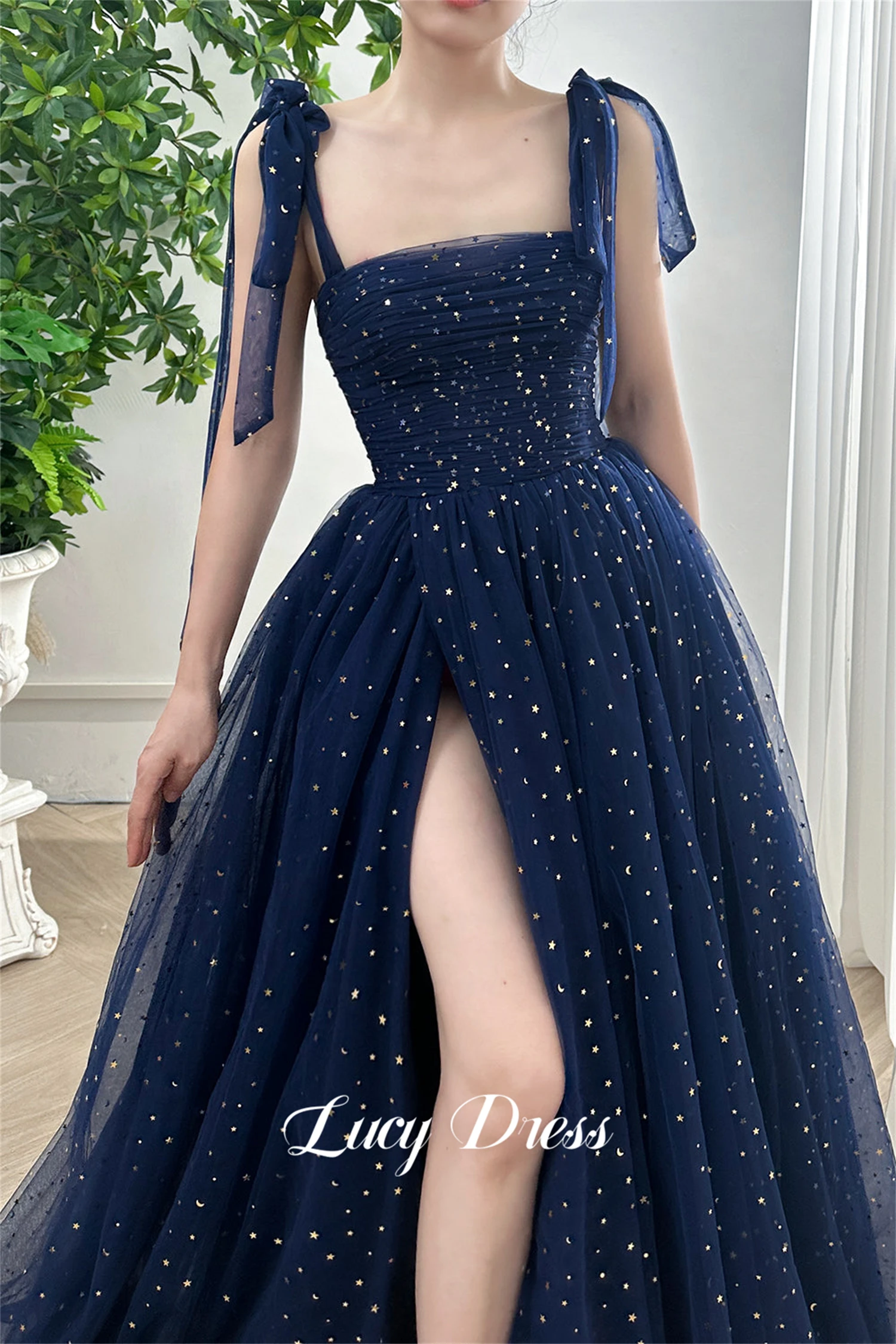 Elegant Luxury Party Dress Ball Gown Line A Graduation Navy Blue Star Glitter Fabric Evening Dresses Women Summer Customized