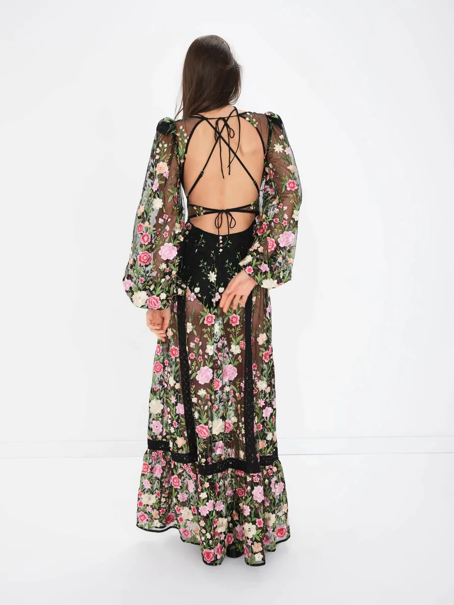 Women Summer Long Beach Dress Long Sleeve V Neck Backless See-through Floral Bikini Cover Up