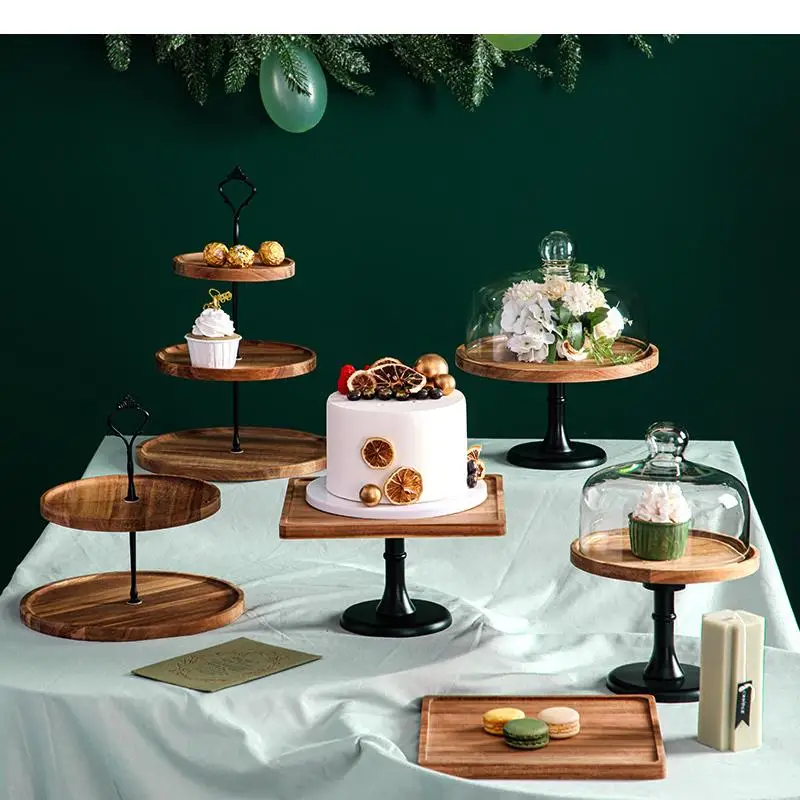 Wooden Cake Set Dessert Pastry Display Stand Glass Cover Party Holiday Decoration Tall Tray Home