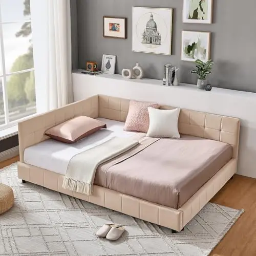 Full Size Upholstered Tufted Daybed Frame with Backrest and Armrest, Velvet Sofa Bed Frame with Wood Slats, No Box