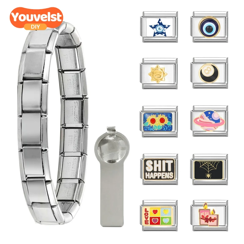 Y2K Charm Set Billiards Sun Eye Planet Italian Charm Links Fit 9mm Bracelet Stainless Steel DIY Jewelry Making Wholesale