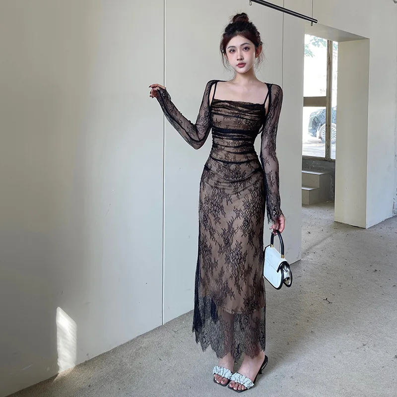 

Retro Style Lace Dress Waist-Cinching Cover up Skirt for Women Long Sleeve Autumn New Fashion Set Vintage Aesthetic