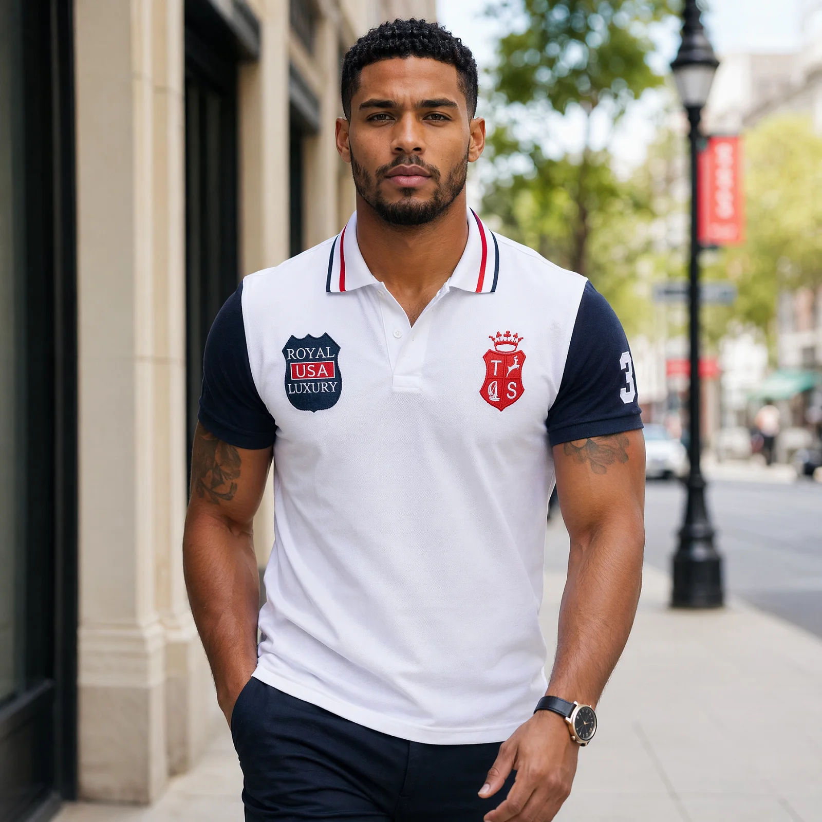 100% Pure Cotton Men Short Sleeve Polo Shirt embroidery trendy contrast color splicing classic lapel side slits extended fit sui