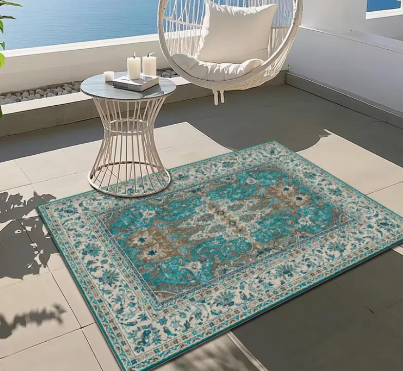 Minimalist Classic Floral Pattern Mat Blue Green Brown Color Combination Mat Suitable for Courtyard Garden Terrace Balcony Rugs