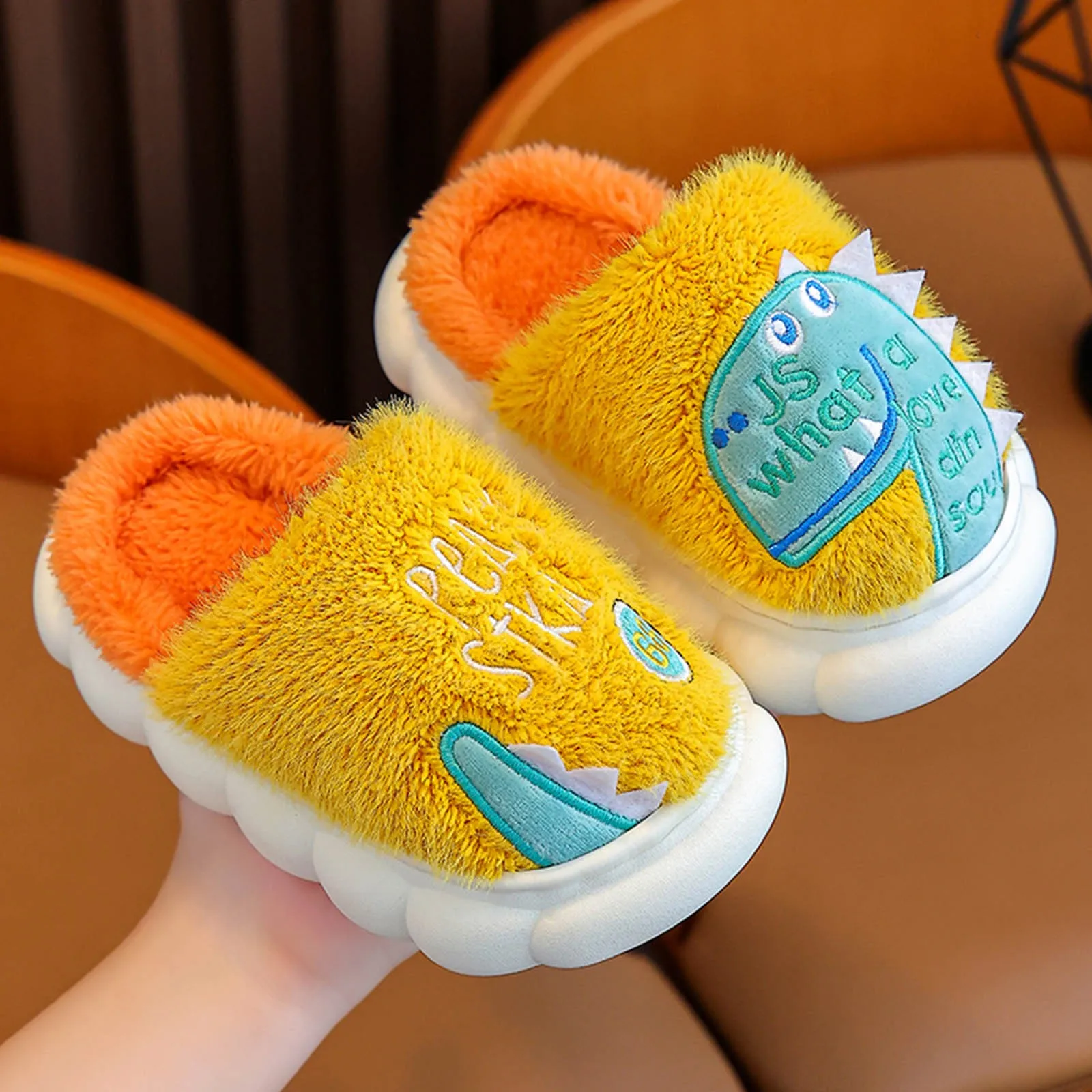 

Winter Cute Cartoon Dinosaur Children Plush Slippers Soft Sole Warm Baby Boys Girls Indoor Home Non-slip Kids Thick Cotton Shoes