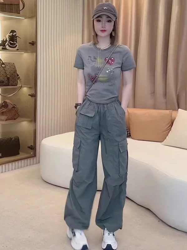 

Slim Fit Sportswear Set for Women Casual Short Sleeve T-Shirt And Wide Leg Workwear Pants Two Piece Set Summer 2026 Cool Hot