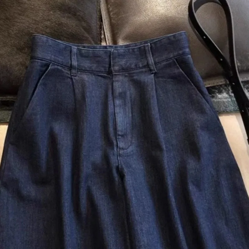 Women's Clothing ~ Dark Blue Minimalist Versatile High-waisted Retro Wide-leg Floor-length Jeans That Are Fashionable Comfort