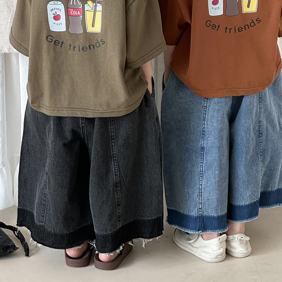 2026 Summer Unisex Kids Gradient Frayed Denim Capri Pants Wide Leg Breathable Streetwear Toddler Daily Casual Fashion Bottoms