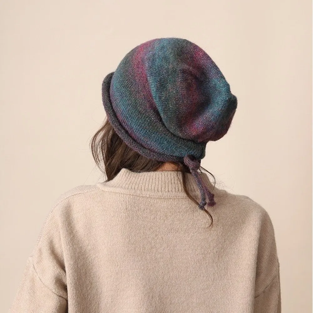Fashion Large Size Beanies Skullies Knitted Gradient Color Bonnet Hat Soft Rolled-brim Drawstring Slouch Hat