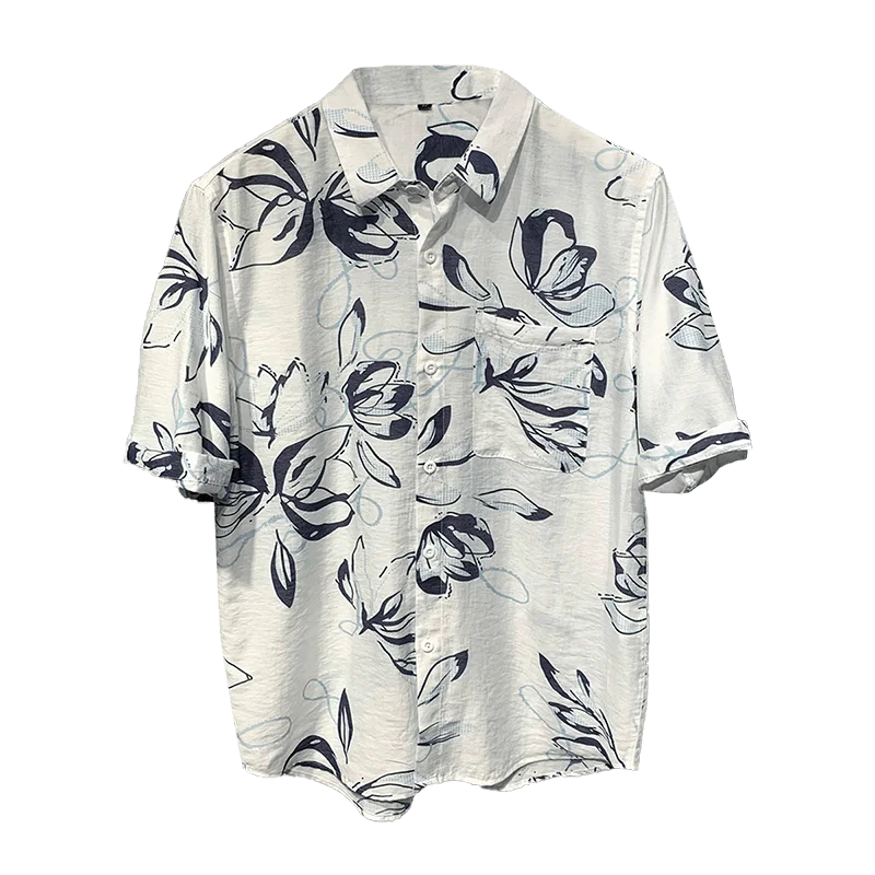 Summer Fashion Trend Chinese Style Lapel Pocket Ink Print Light and Thin Breathable Loose Casual Short Sleeved Shirt for Men