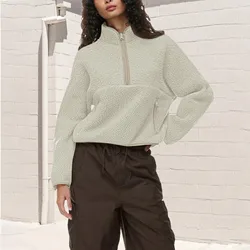 Ladies Half Zipper Crop Sweatshirt Workout High Neck Long Sleeve Solid Color Athletic Clothes Loose Casual Ladies Blouse
