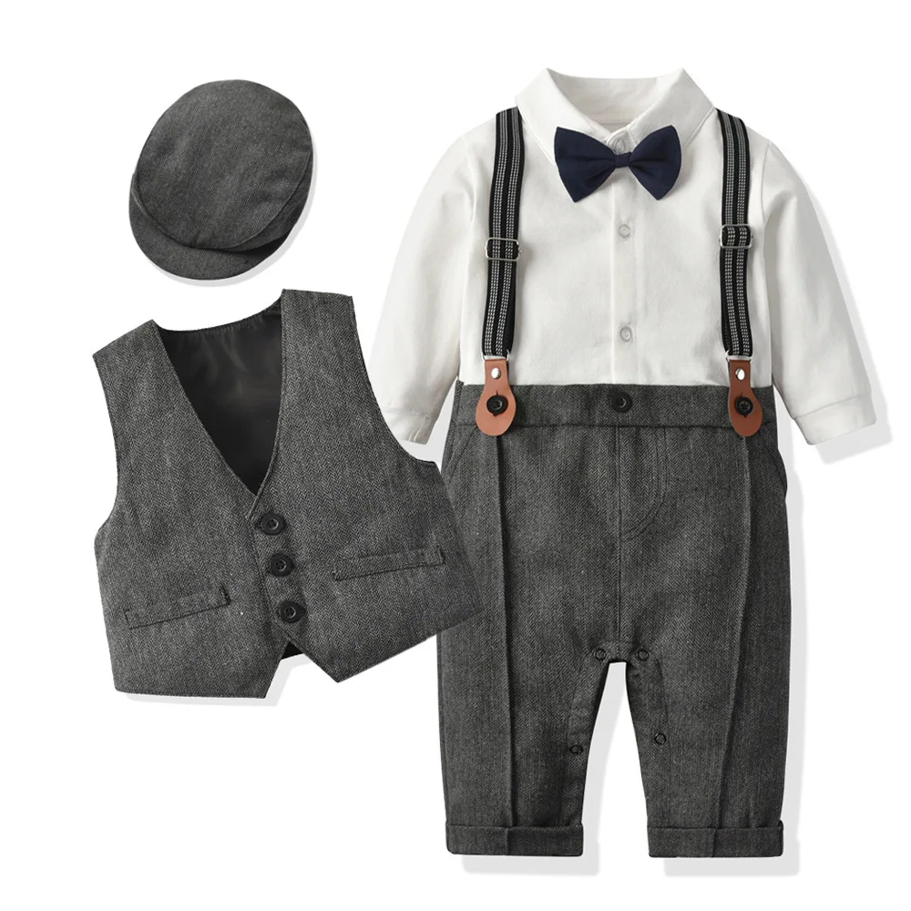 Tenues de gentleman pour bébés garçons, vêtements de printemps et d\'automne pour enfants, barboteuses une pièce, veste et chapeau imbibés