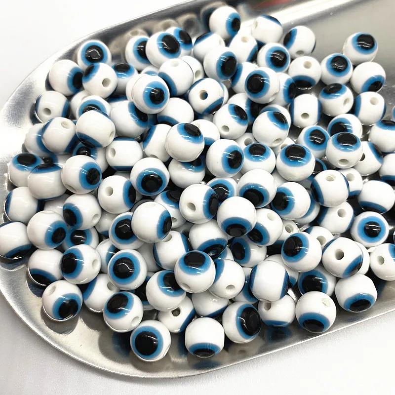 New 6/8/10mm Blue and Porcelain White Oval Beads Evil Eye Resin Spacer Beads for Jewelry Making DIY Bracelet Beads