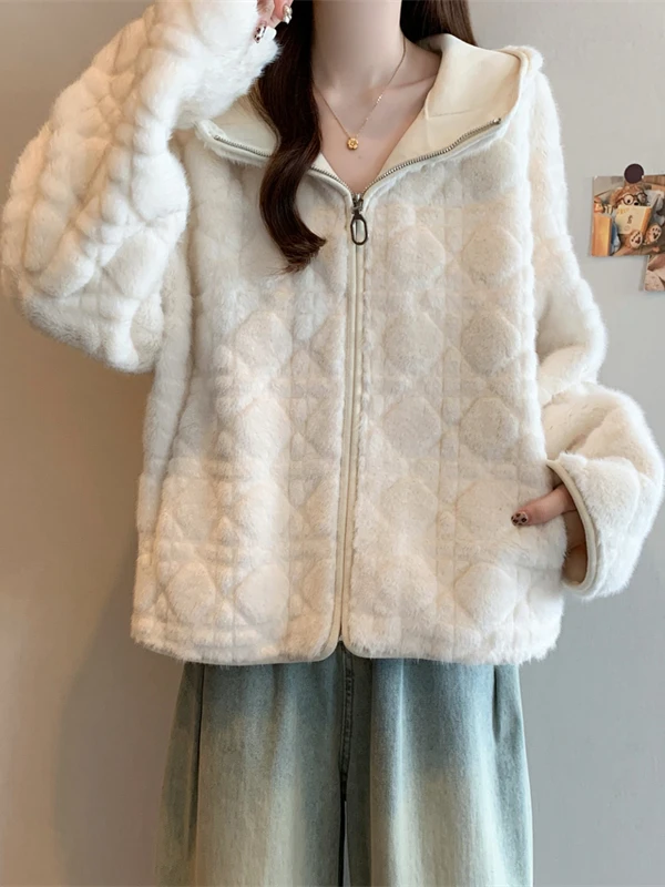 Ladies' Lamb Fur Short Coat Jacket Spring Autumn New Style plus Size MM Small Fragrance Wind Zipper Closure Hooded Open Cardigan