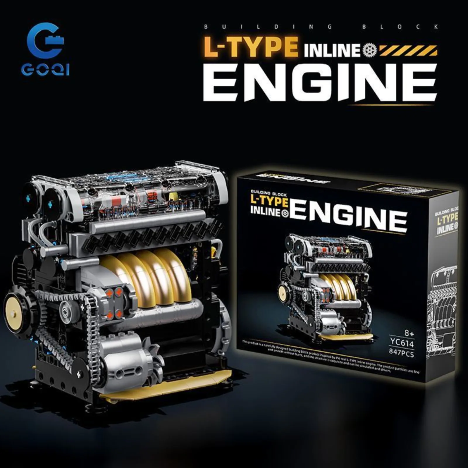 853pcs L-Type 4-Cylinder Car Engine Model Building Blocks with Motor Drive DIY Assembly Toy