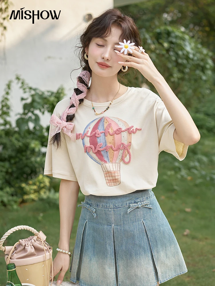 

MISHOW Shoulder Hot Air Balloon Printed Short Sleeve T-shirt 2024 Summer Letter Towel Embroidered Tees Versatile Top MXD24T0233